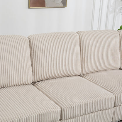 Canapé modulable en velours côtelé 6 places convertible avec ports USB, poufs de rangement et porte-gobelet pour le salon