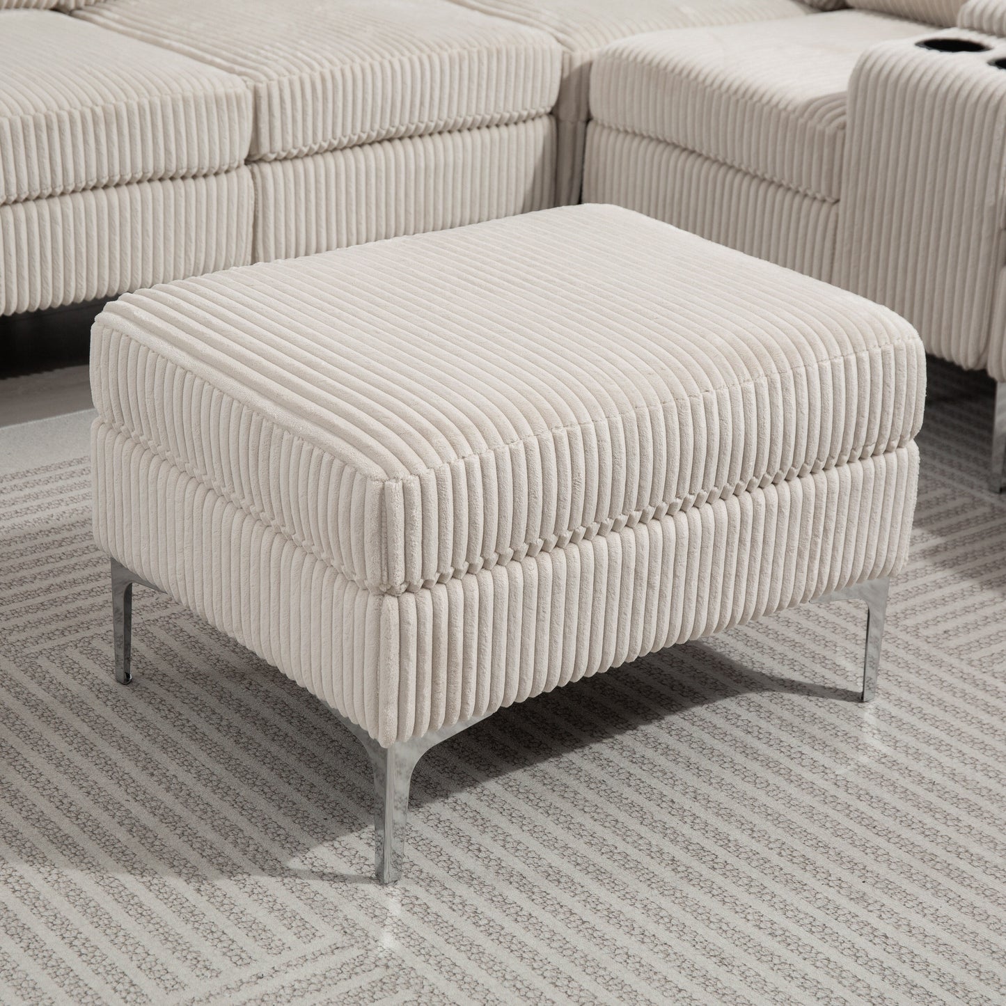 Canapé modulable en velours côtelé 6 places convertible avec ports USB, poufs de rangement et porte-gobelet pour le salon