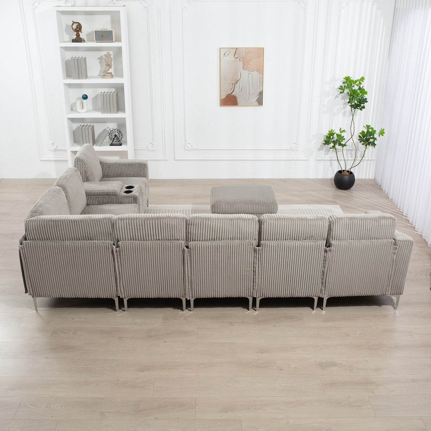 Canapé modulable en velours côtelé 6 places convertible avec ports USB, poufs de rangement et porte-gobelet pour le salon