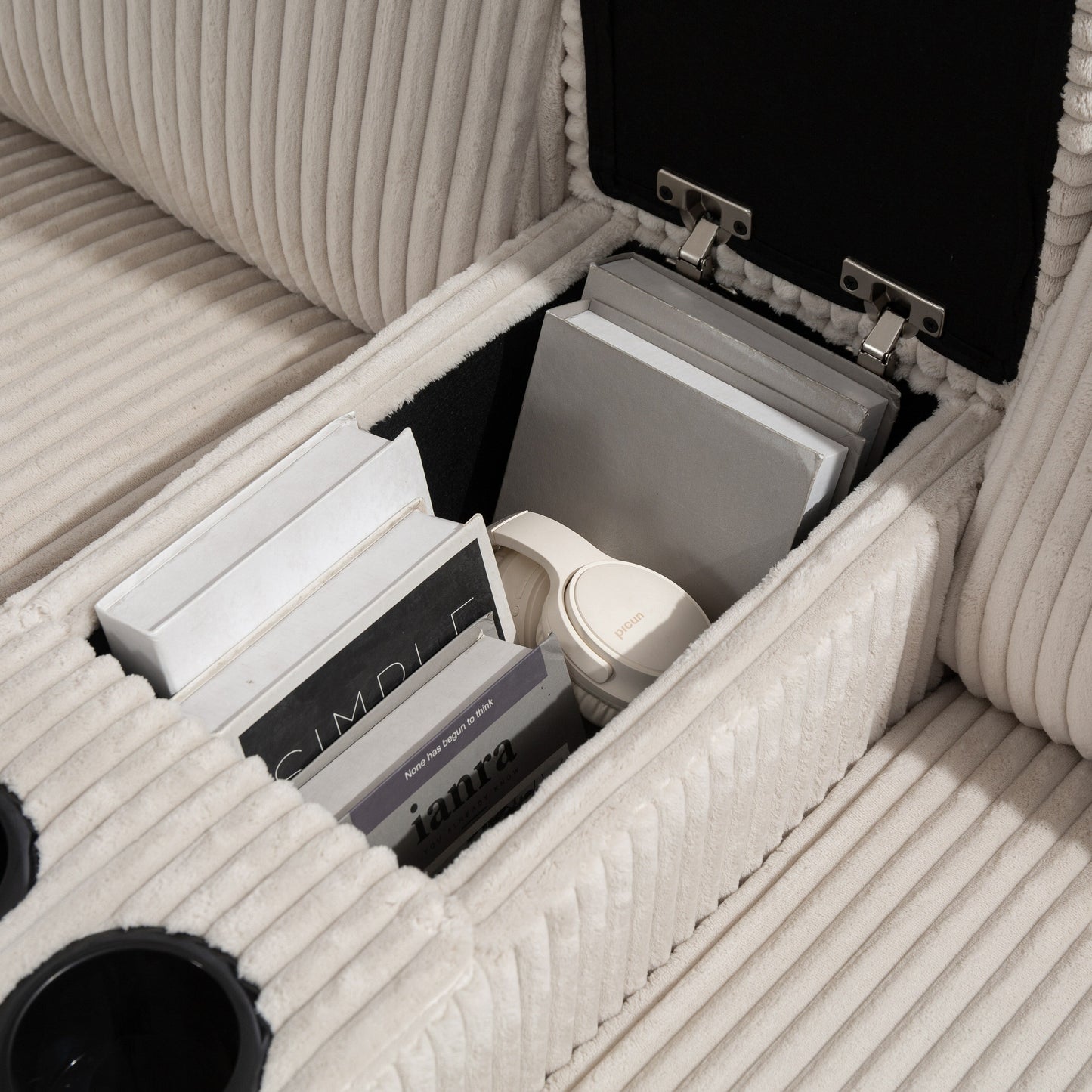 Canapé modulable en velours côtelé 6 places convertible avec ports USB, poufs de rangement et porte-gobelet pour le salon
