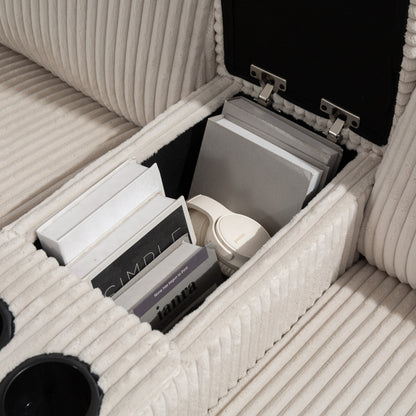 Canapé modulable en velours côtelé 6 places convertible avec ports USB, poufs de rangement et porte-gobelet pour le salon