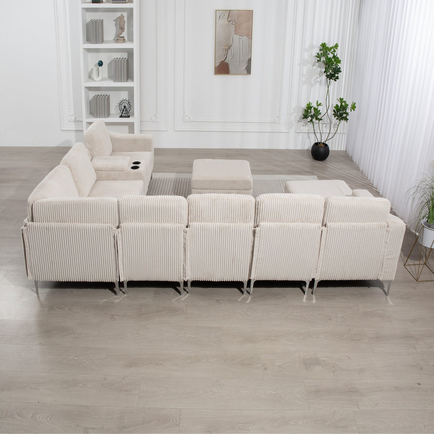 Canapé modulable en velours côtelé 6 places convertible avec ports USB, poufs de rangement et porte-gobelet pour le salon