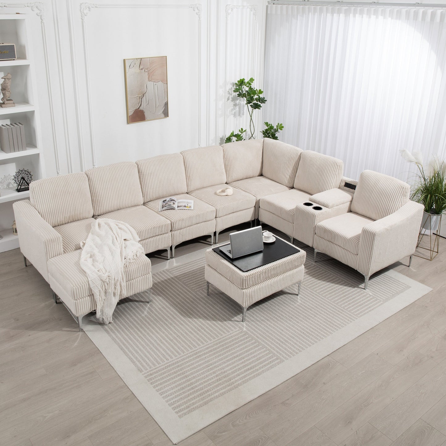 Canapé modulable en velours côtelé 6 places convertible avec ports USB, poufs de rangement et porte-gobelet pour le salon