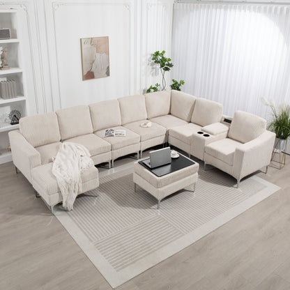 Canapé modulable en velours côtelé 6 places convertible avec ports USB, poufs de rangement et porte-gobelet pour le salon