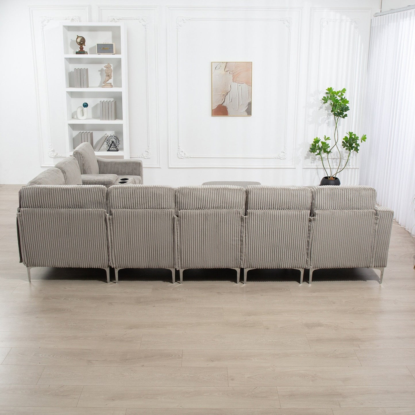 Canapé modulable en velours côtelé 6 places convertible avec ports USB, poufs de rangement et porte-gobelet pour le salon