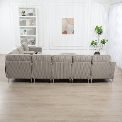 Canapé modulable en velours côtelé 6 places convertible avec ports USB, poufs de rangement et porte-gobelet pour le salon