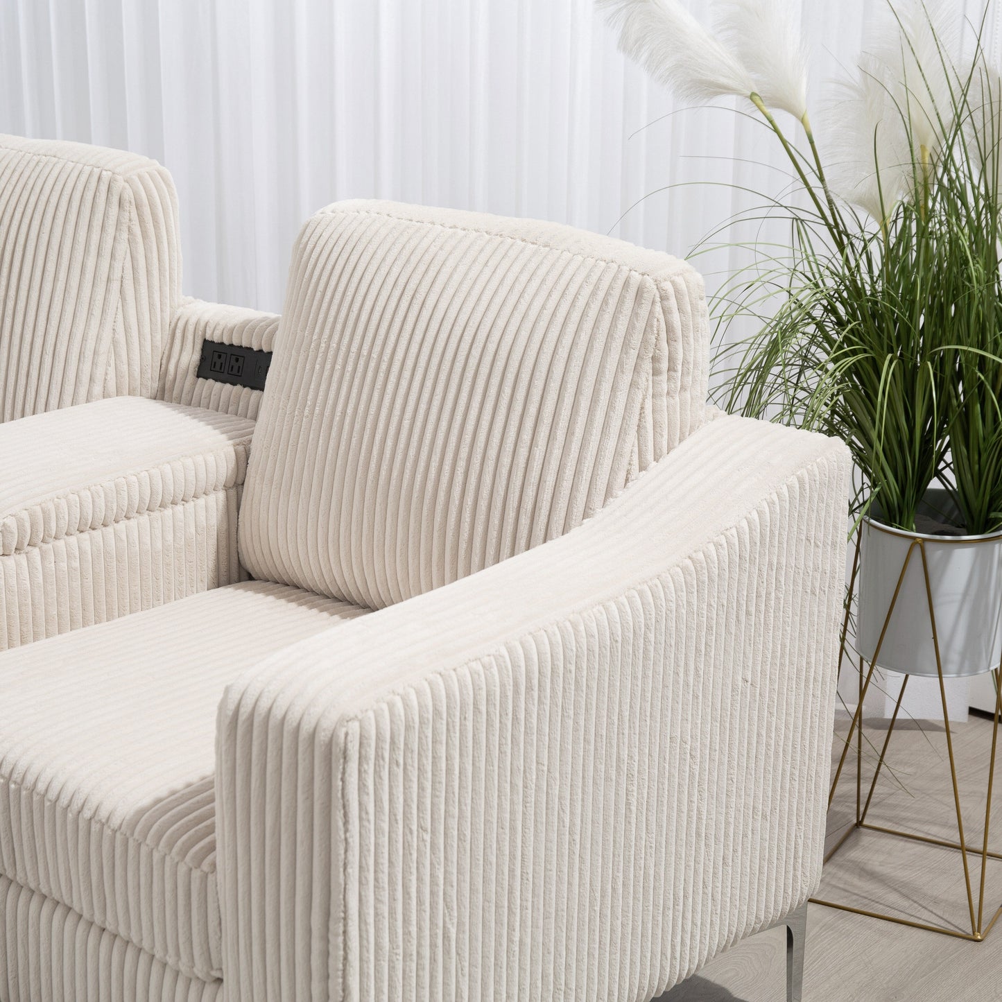 Canapé modulable en velours côtelé 6 places convertible avec ports USB, poufs de rangement et porte-gobelet pour le salon