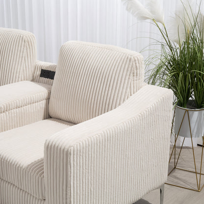 Canapé modulable en velours côtelé 6 places convertible avec ports USB, poufs de rangement et porte-gobelet pour le salon