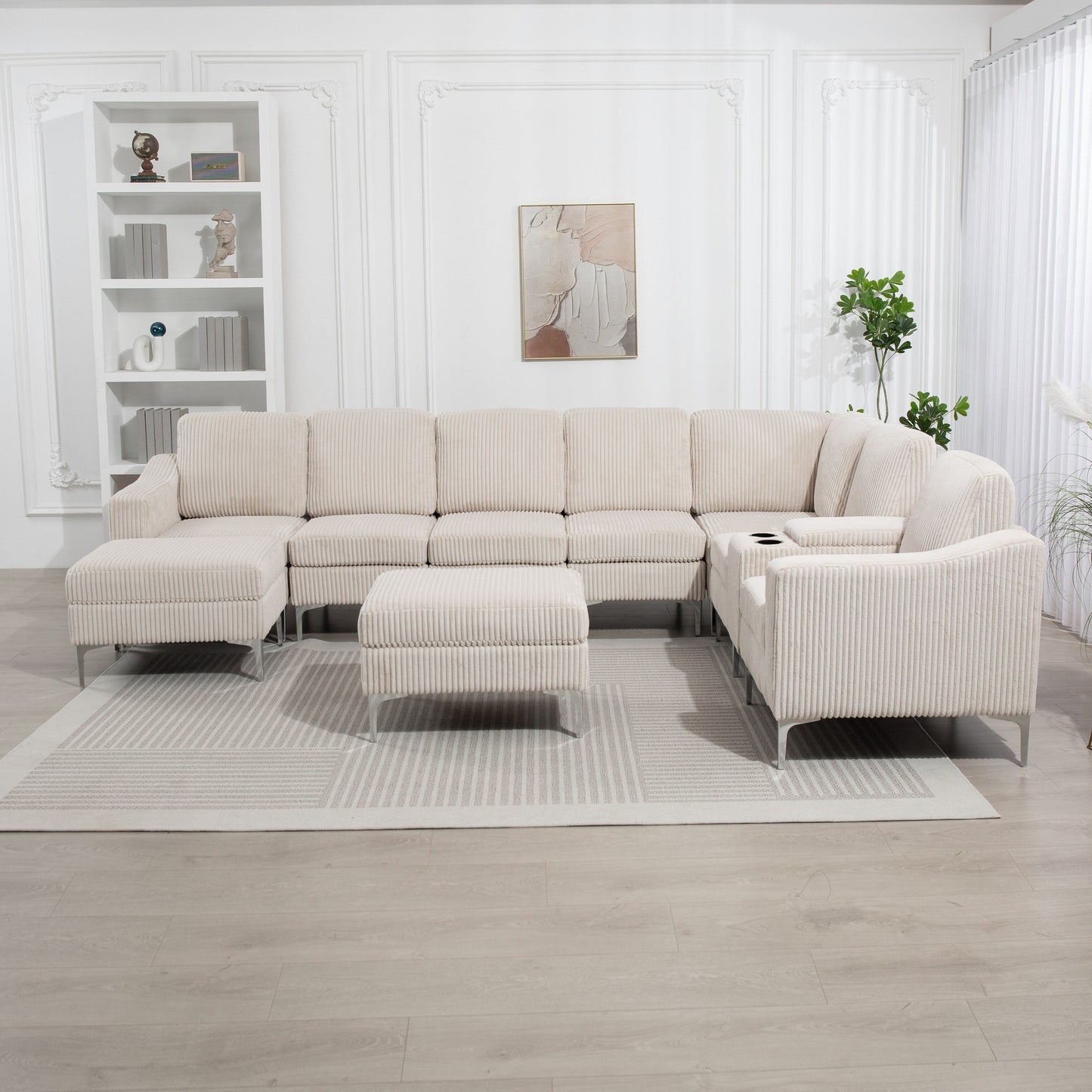 Canapé modulable en velours côtelé 6 places convertible avec ports USB, poufs de rangement et porte-gobelet pour le salon