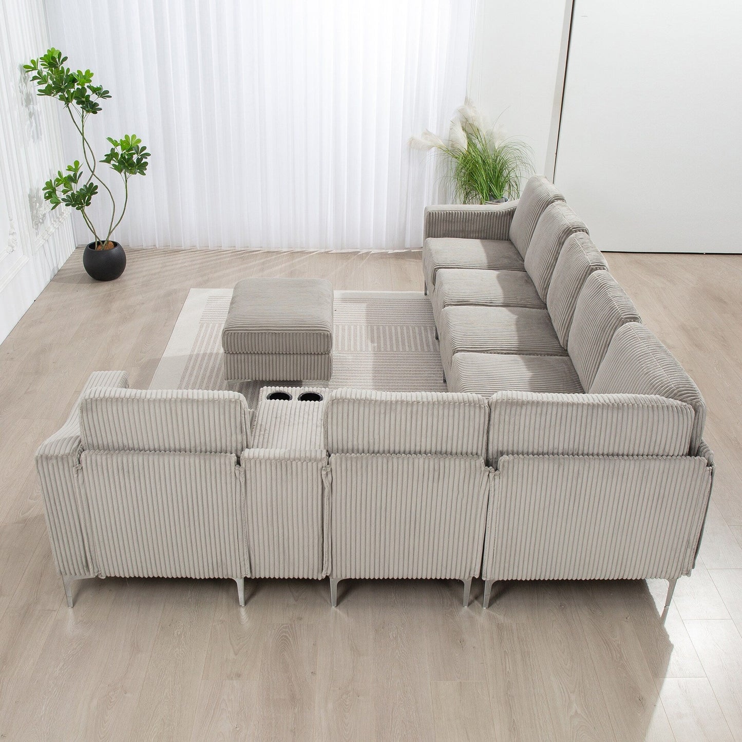 Canapé modulable en velours côtelé 6 places convertible avec ports USB, poufs de rangement et porte-gobelet pour le salon