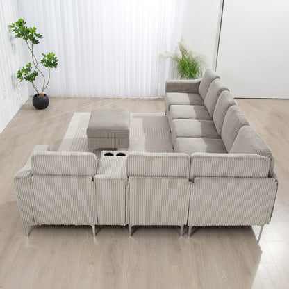 Canapé modulable en velours côtelé 6 places convertible avec ports USB, poufs de rangement et porte-gobelet pour le salon