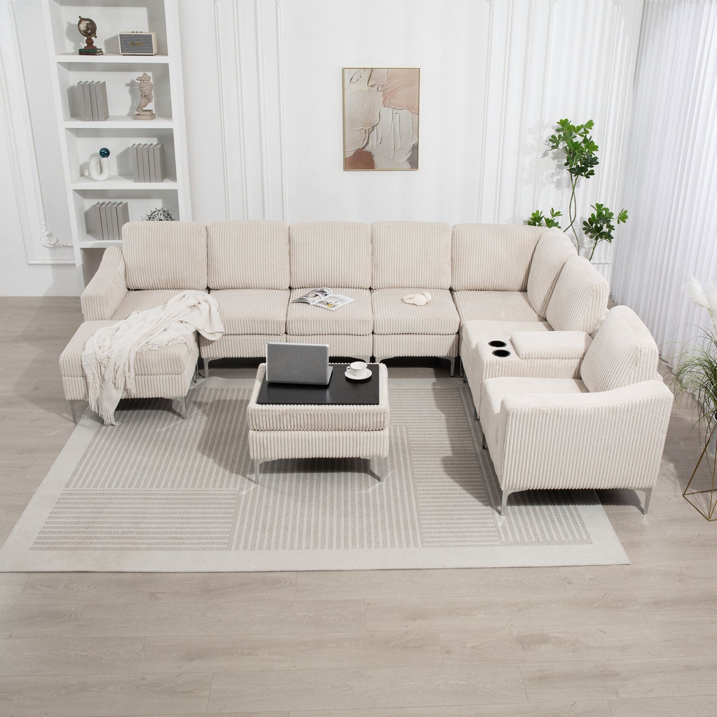 Canapé modulable en velours côtelé 6 places convertible avec ports USB, poufs de rangement et porte-gobelet pour le salon