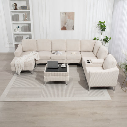 Canapé modulable en velours côtelé 6 places convertible avec ports USB, poufs de rangement et porte-gobelet pour le salon