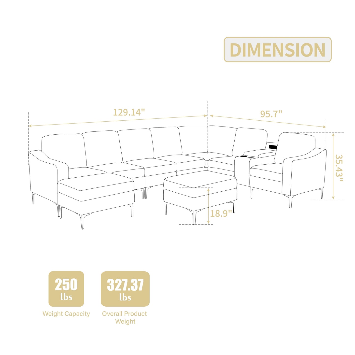 Canapé modulable en velours côtelé 6 places convertible avec ports USB, poufs de rangement et porte-gobelet pour le salon