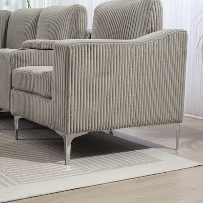 Canapé modulable en velours côtelé 6 places convertible avec ports USB, poufs de rangement et porte-gobelet pour le salon