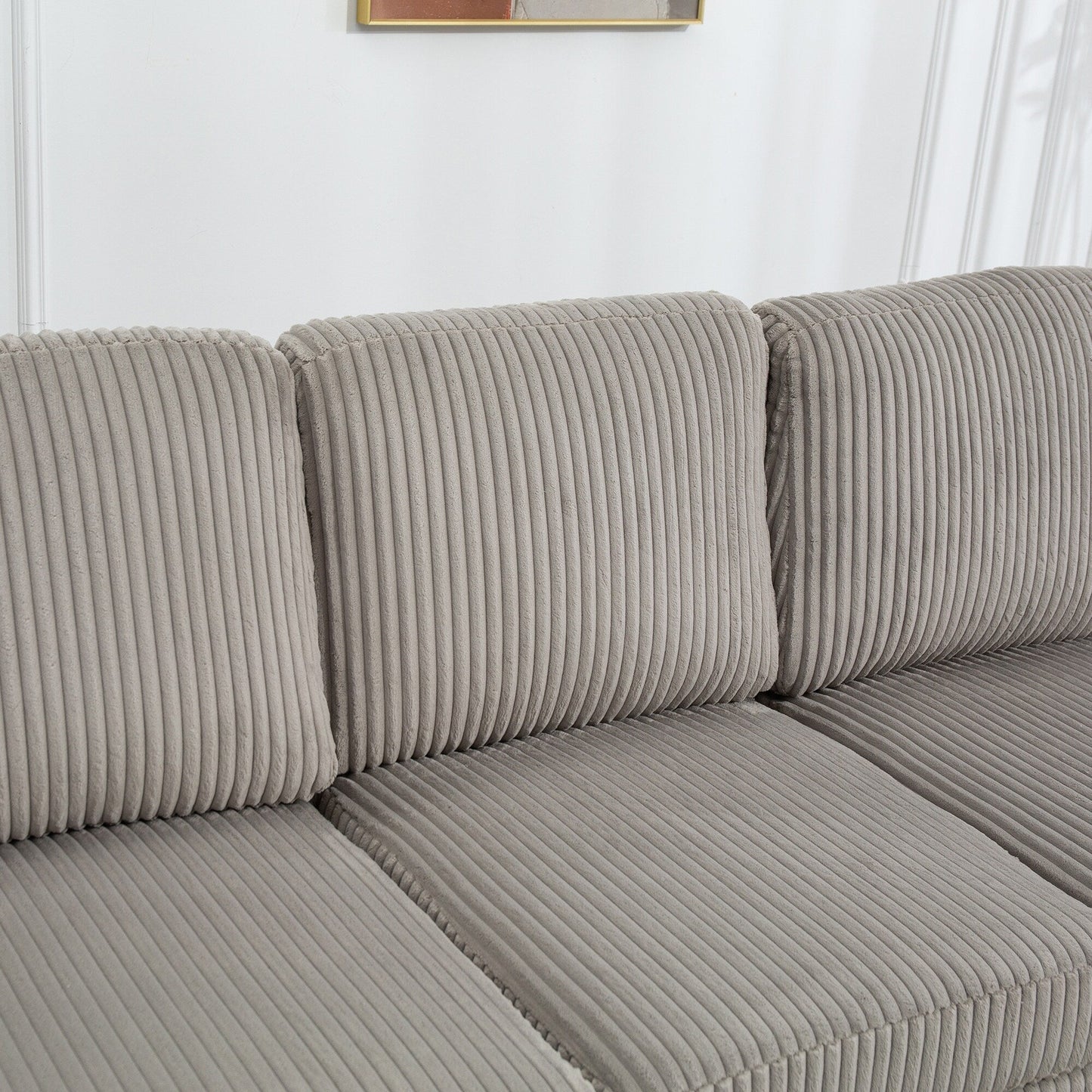 Canapé modulable en velours côtelé 6 places convertible avec ports USB, poufs de rangement et porte-gobelet pour le salon