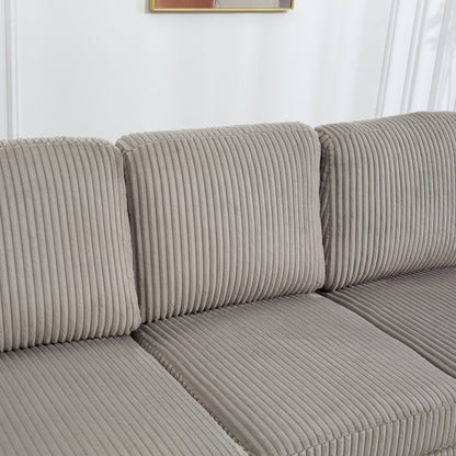 Canapé modulable en velours côtelé 6 places convertible avec ports USB, poufs de rangement et porte-gobelet pour le salon