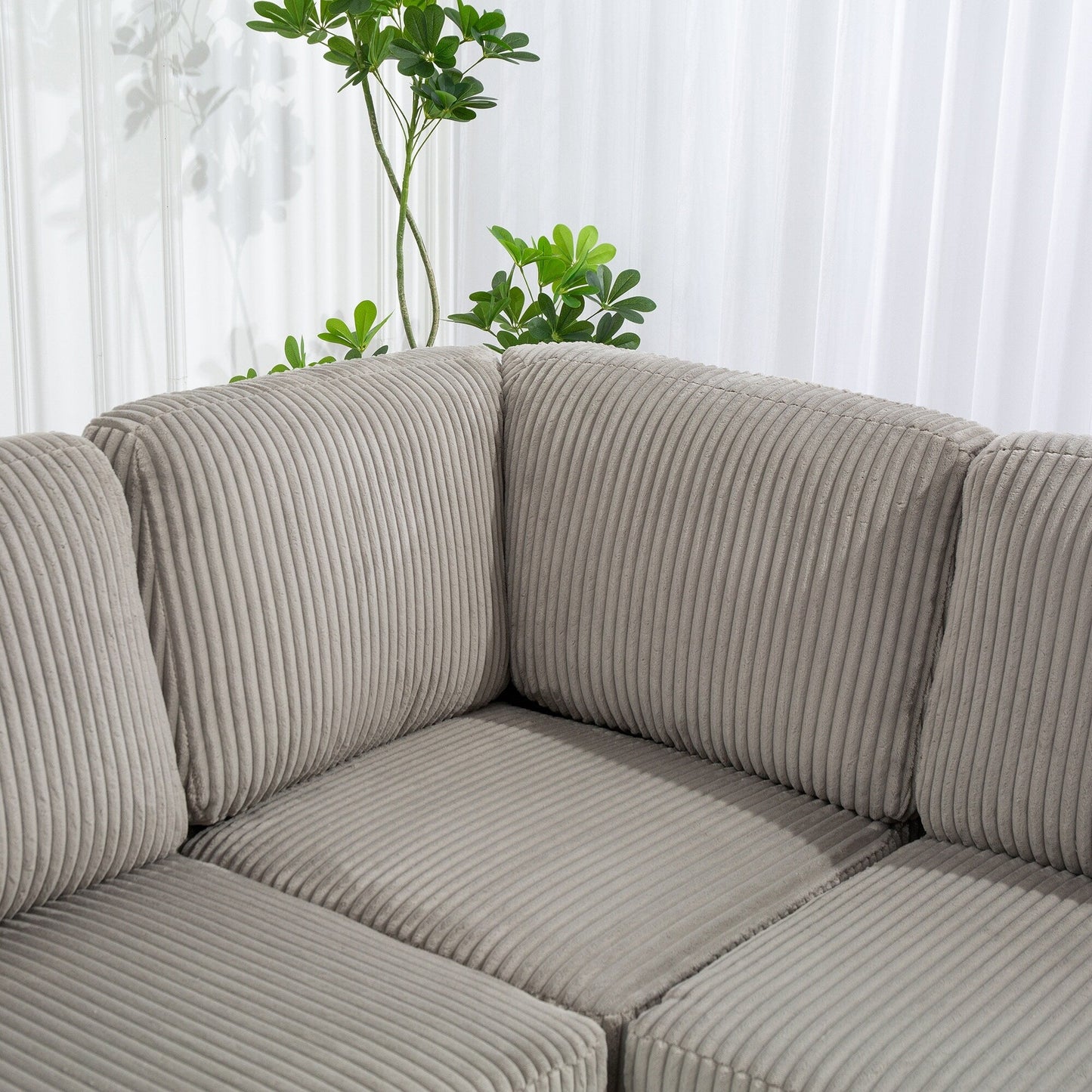 Canapé modulable en velours côtelé 6 places convertible avec ports USB, poufs de rangement et porte-gobelet pour le salon