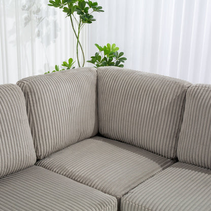 Canapé modulable en velours côtelé 6 places convertible avec ports USB, poufs de rangement et porte-gobelet pour le salon