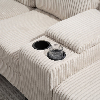 Canapé modulable en velours côtelé 6 places convertible avec ports USB, poufs de rangement et porte-gobelet pour le salon
