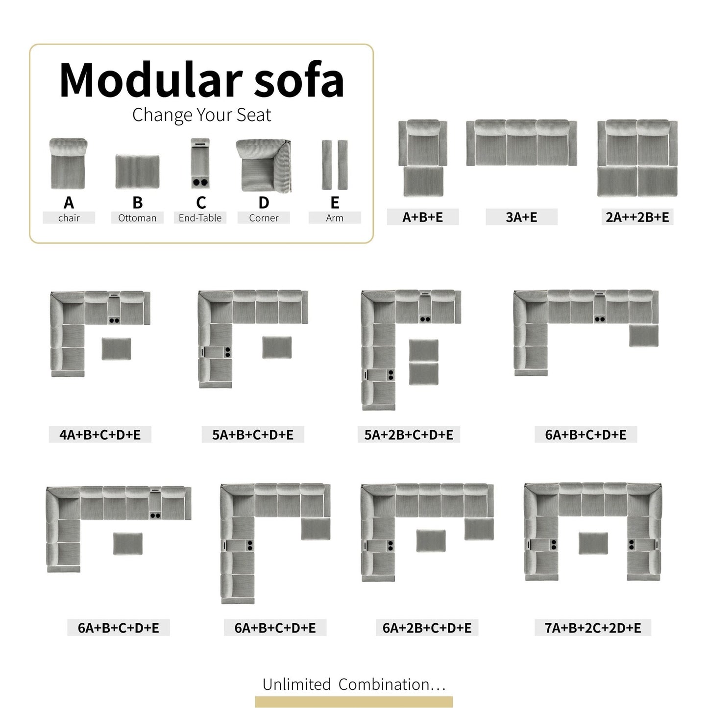 Canapé modulable en velours côtelé 6 places convertible avec ports USB, poufs de rangement et porte-gobelet pour le salon