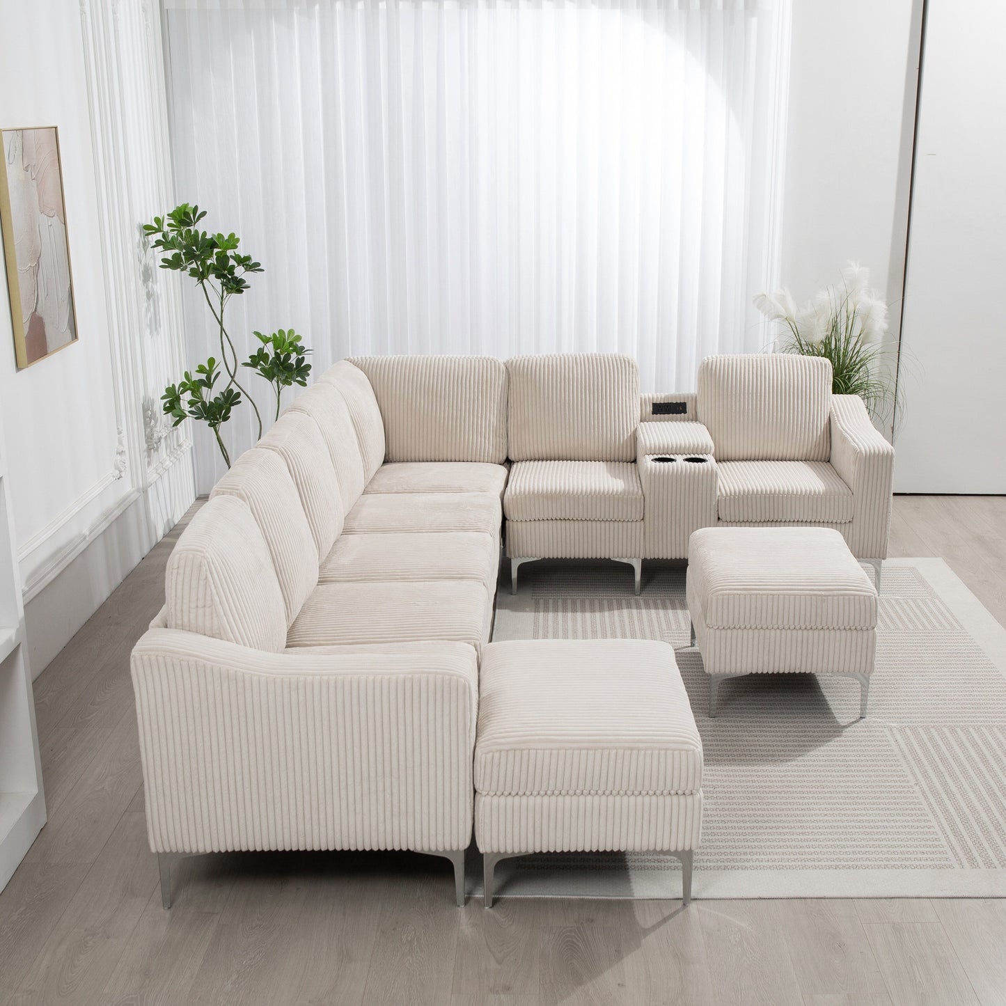 Canapé modulable en velours côtelé 6 places convertible avec ports USB, poufs de rangement et porte-gobelet pour le salon