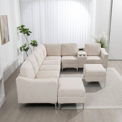 Canapé modulable en velours côtelé 6 places convertible avec ports USB, poufs de rangement et porte-gobelet pour le salon