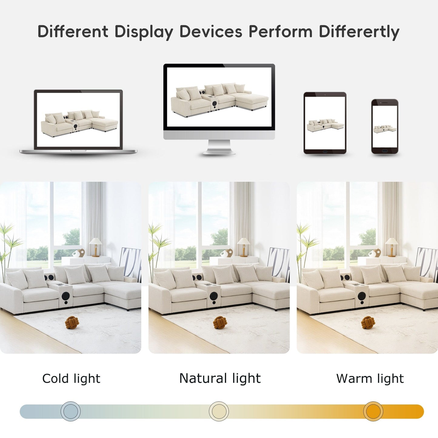 Canapé d'angle modulaire en velours côtelé avec haut-parleurs Bluetooth, ports de charge, porte-gobelets, rangement et pouf pour le salon