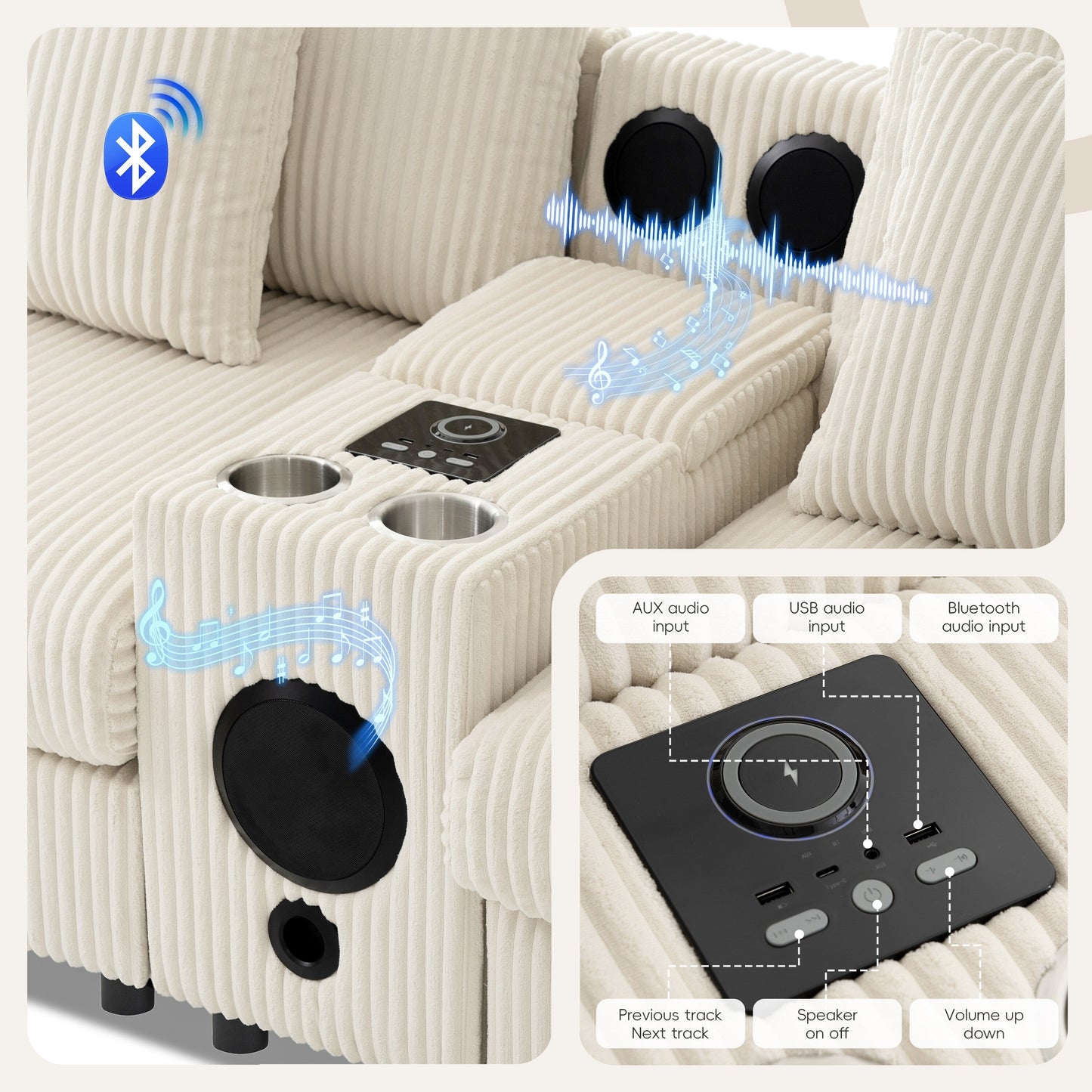 Canapé d'angle modulaire en velours côtelé avec haut-parleurs Bluetooth, ports de charge, porte-gobelets, rangement et pouf pour le salon