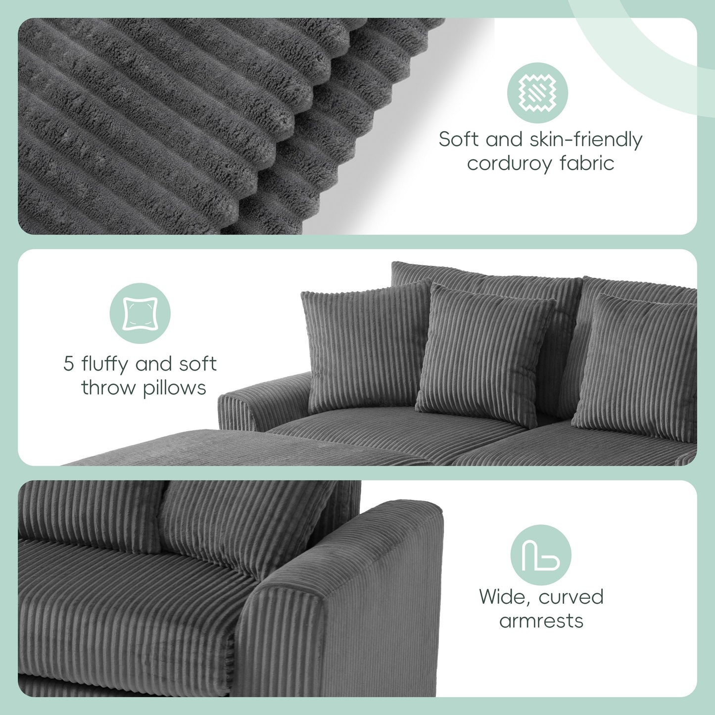 Canapé d'angle modulaire en velours côtelé avec haut-parleurs Bluetooth, ports de charge, porte-gobelets, rangement et pouf pour le salon