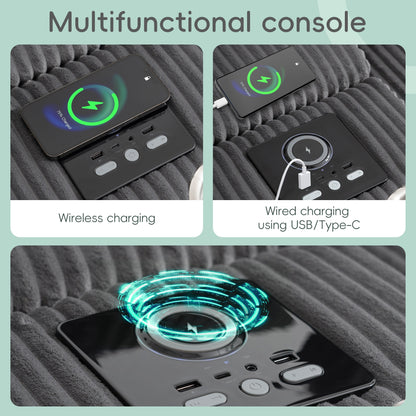 Canapé d'angle modulaire en velours côtelé avec haut-parleurs Bluetooth, ports de charge, porte-gobelets, rangement et pouf pour le salon