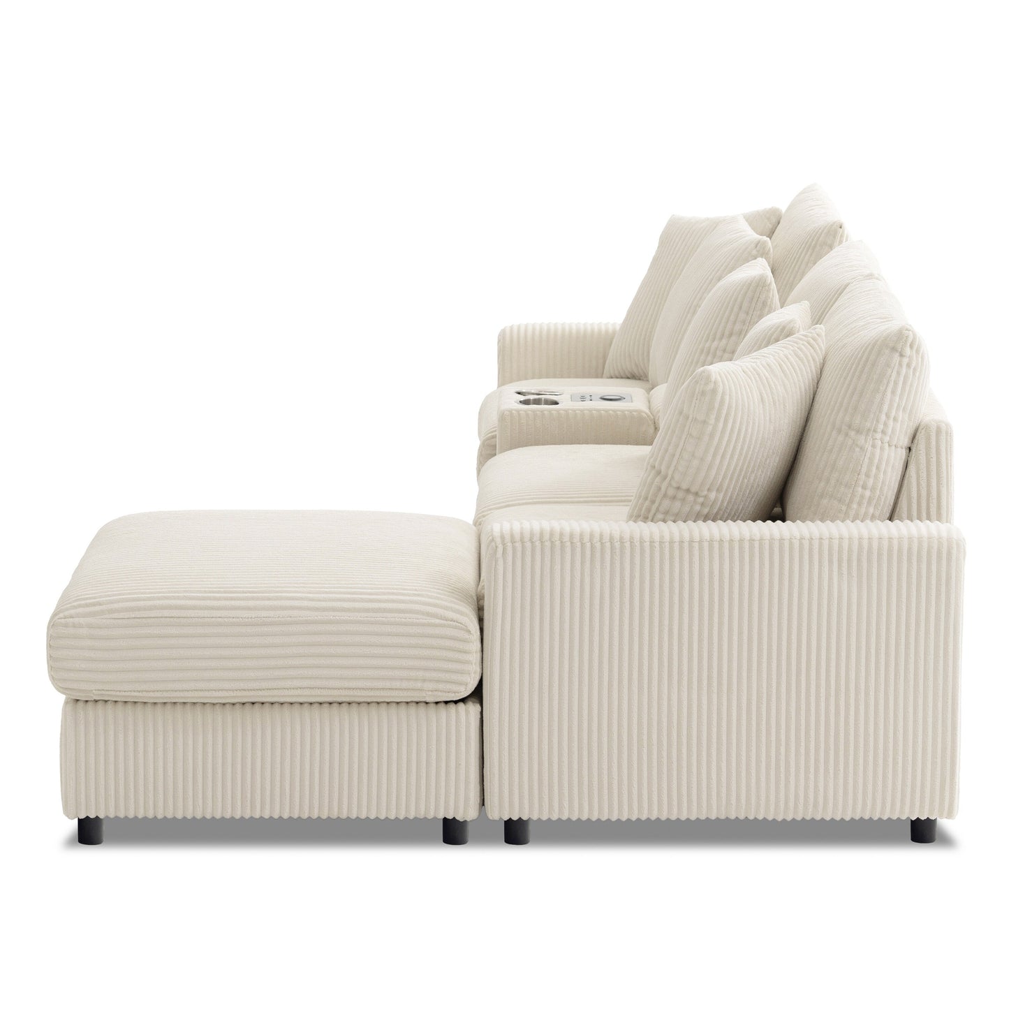 Canapé d'angle modulaire en velours côtelé avec haut-parleurs Bluetooth, ports de charge, porte-gobelets, rangement et pouf pour le salon