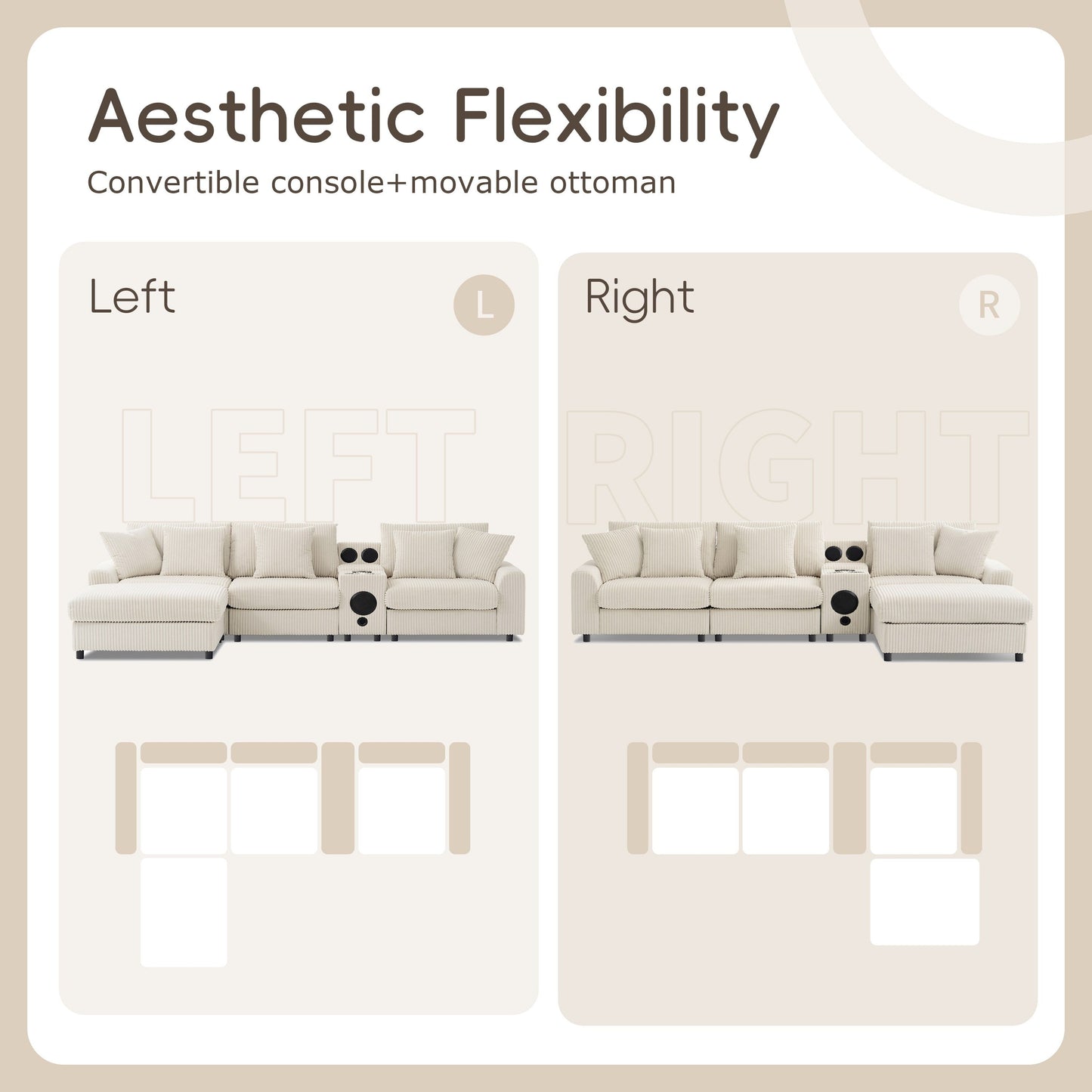 Canapé d'angle modulaire en velours côtelé avec haut-parleurs Bluetooth, ports de charge, porte-gobelets, rangement et pouf pour le salon