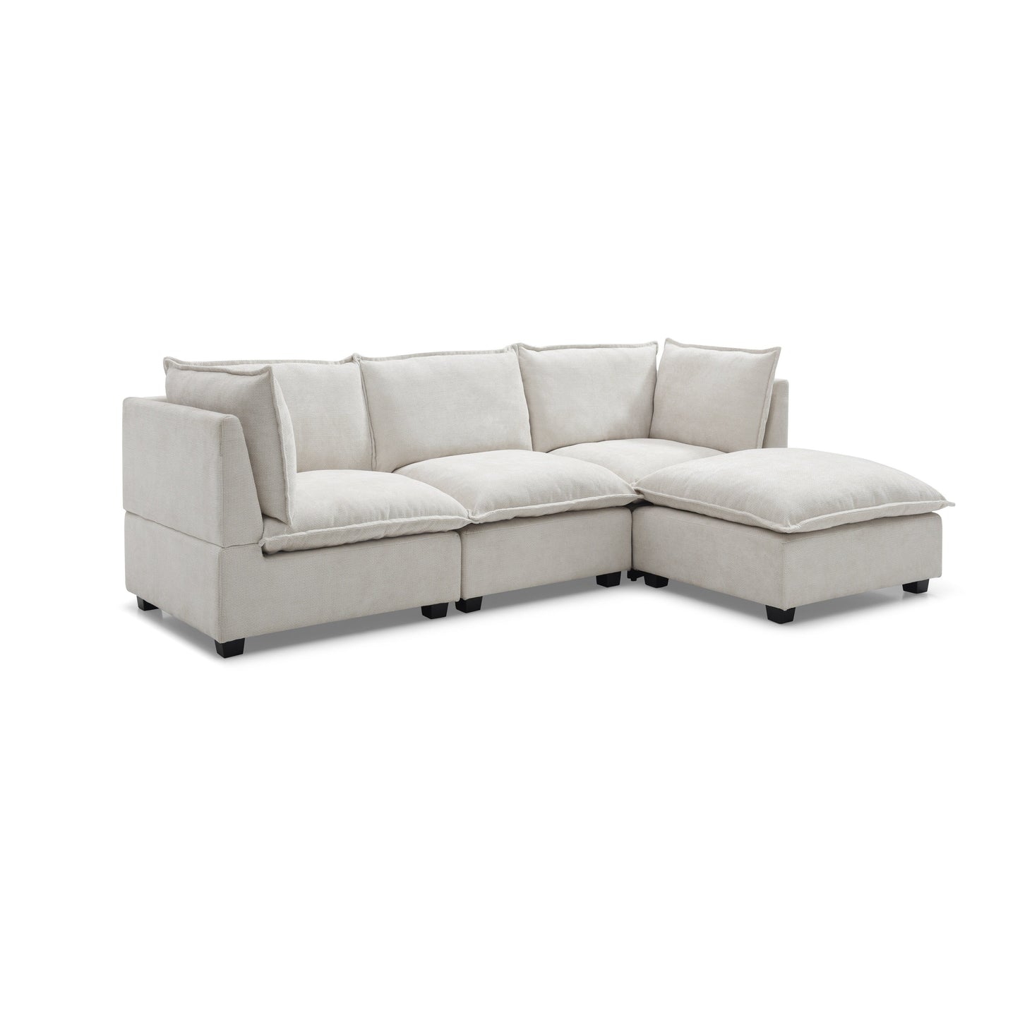 Canapé modulable en L en lin avec pouf réversible et coussins en duvet de canard moelleux, idéal pour le salon ou le bureau.