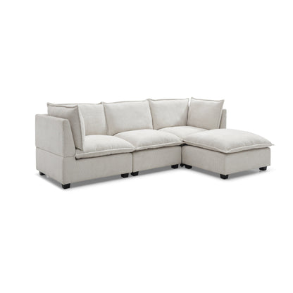 Canapé modulable en L en lin avec pouf réversible et coussins en duvet de canard moelleux, idéal pour le salon ou le bureau.