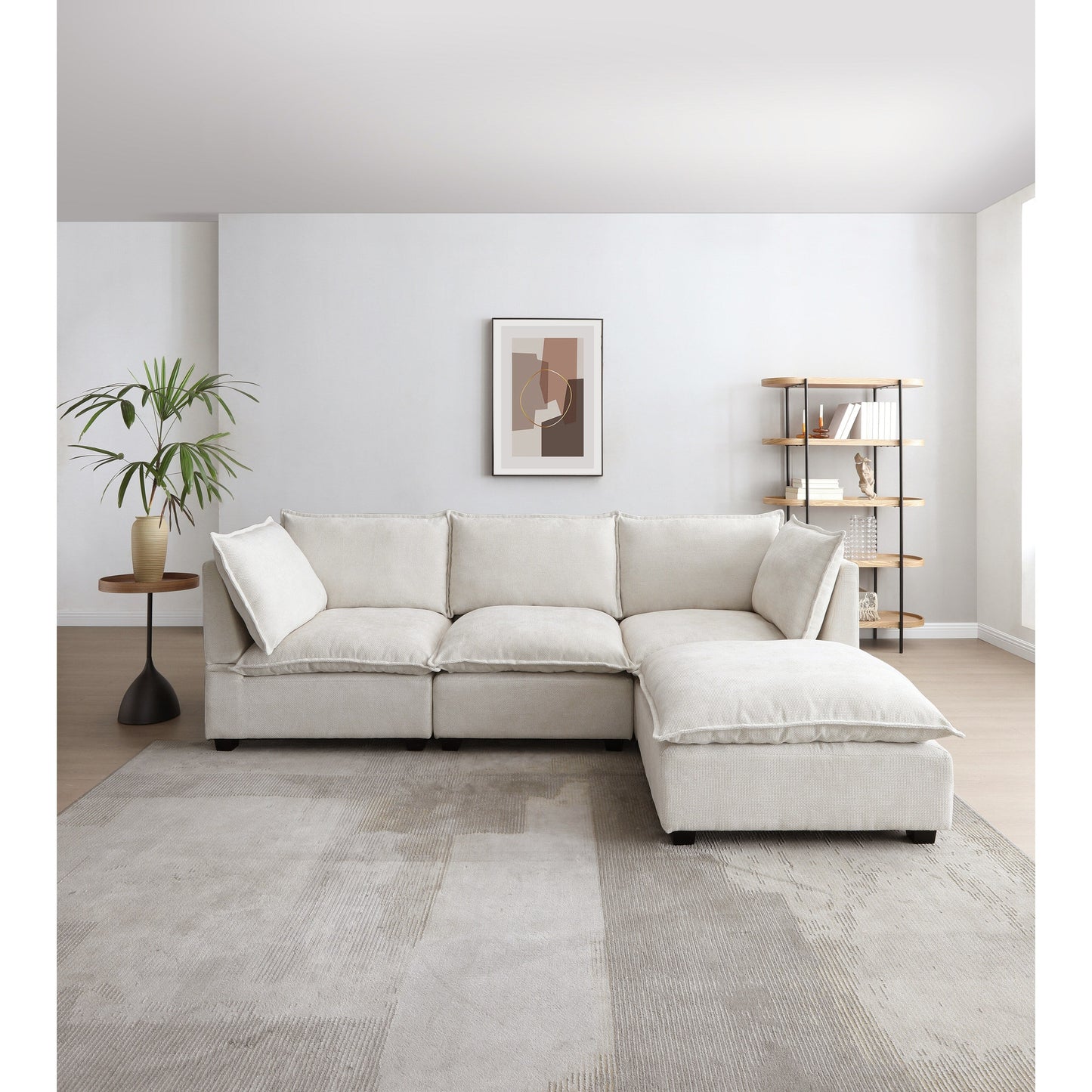 Canapé modulable en L en lin avec pouf réversible et coussins en duvet de canard moelleux, idéal pour le salon ou le bureau.