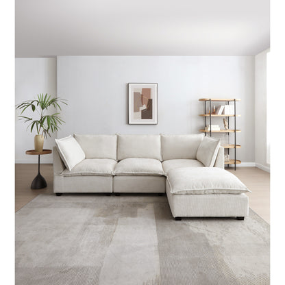 Canapé modulable en L en lin avec pouf réversible et coussins en duvet de canard moelleux, idéal pour le salon ou le bureau.