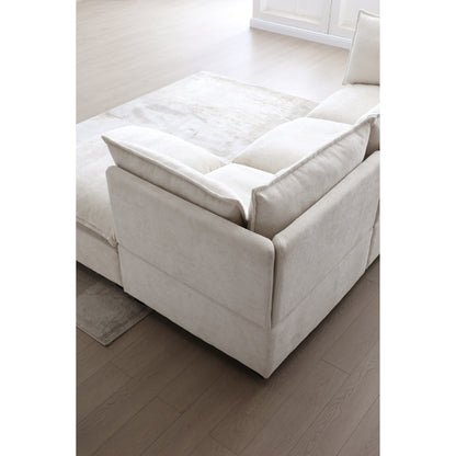 Canapé modulable en L en lin avec pouf réversible et coussins en duvet de canard moelleux, idéal pour le salon ou le bureau.