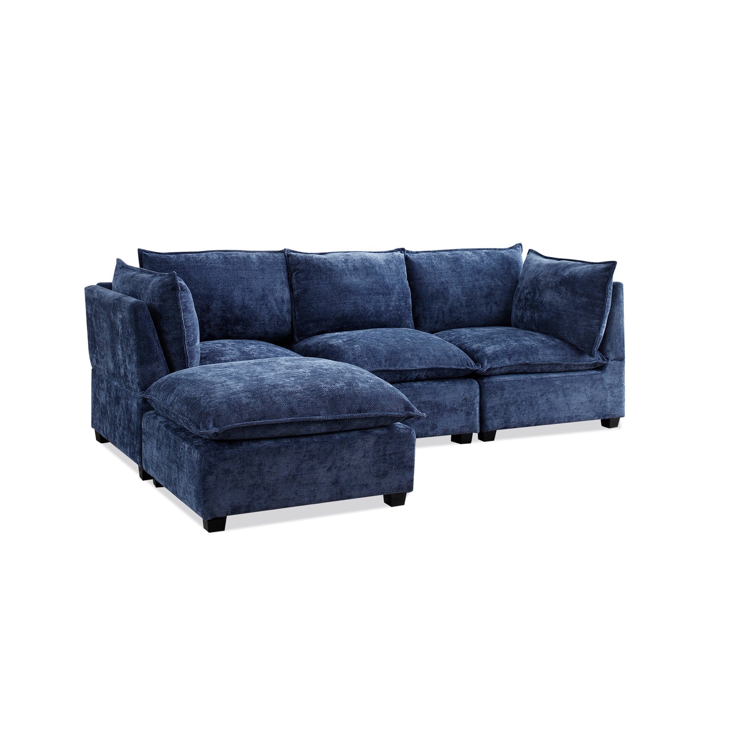 Canapé modulable en L en lin avec pouf réversible et coussins en duvet de canard moelleux, idéal pour le salon ou le bureau.