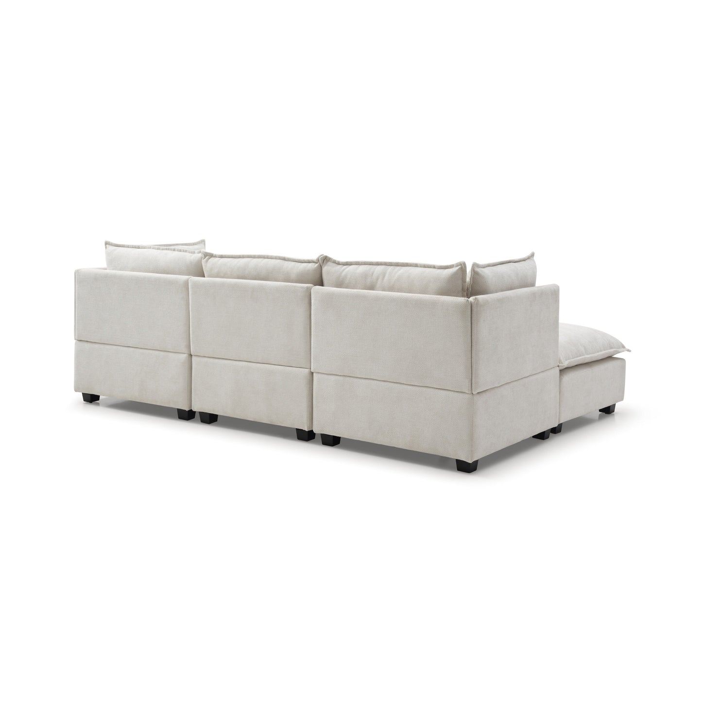 Canapé modulable en L en lin avec pouf réversible et coussins en duvet de canard moelleux, idéal pour le salon ou le bureau.