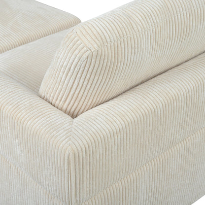 Canapé modulable en velours côtelé 6 places en forme de L avec pouf et pieds en bois pour salon ou bureau