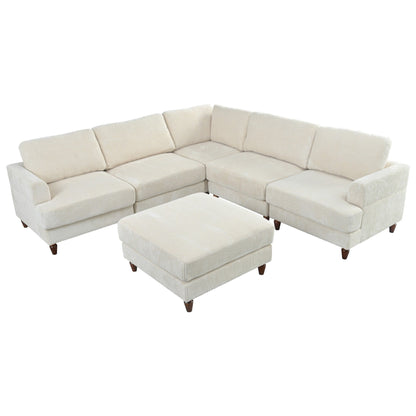 Canapé modulable en velours côtelé 6 places en forme de L avec pouf et pieds en bois pour salon ou bureau