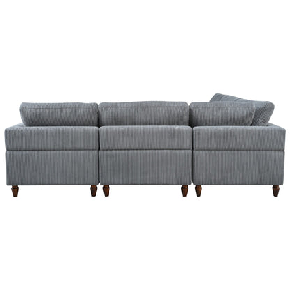 Canapé modulable en velours côtelé 6 places en forme de L avec pouf et pieds en bois pour salon ou bureau