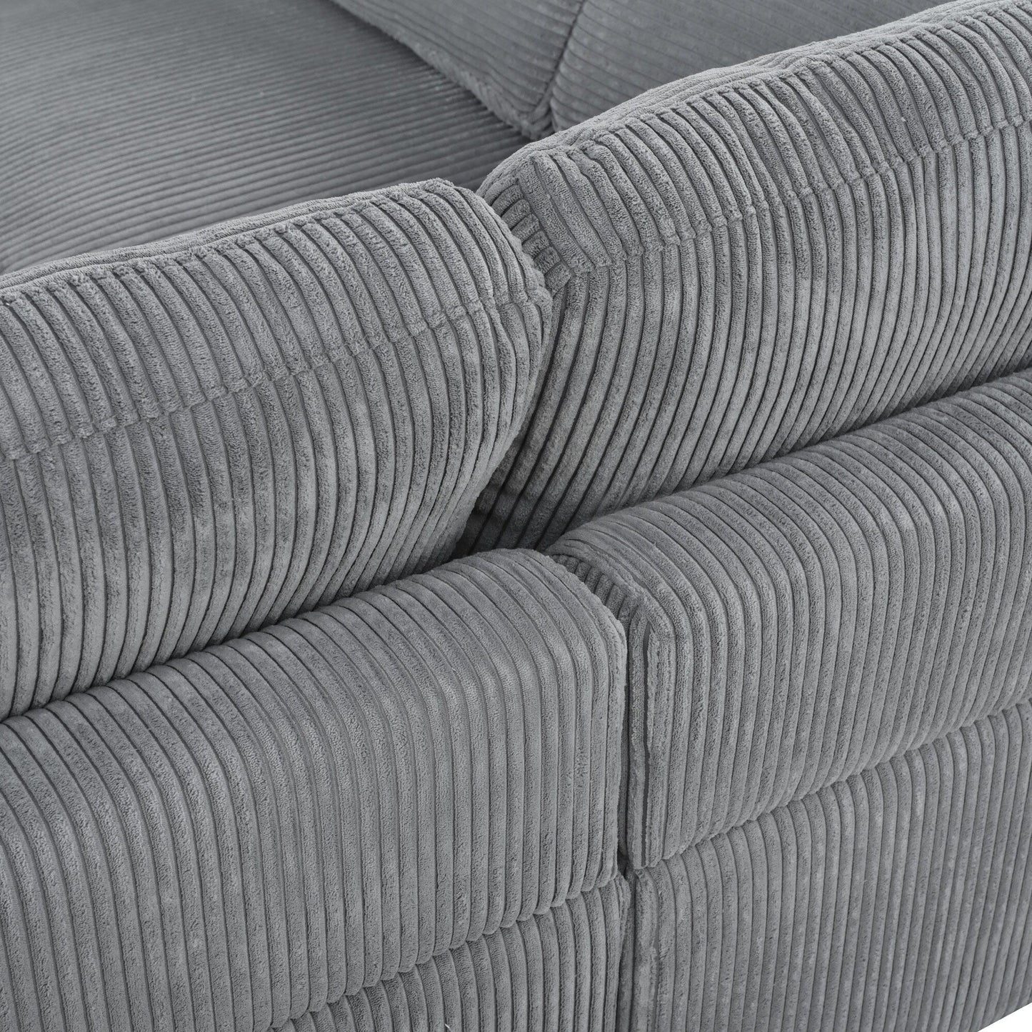 Canapé modulable en velours côtelé 6 places en forme de L avec pouf et pieds en bois pour salon ou bureau