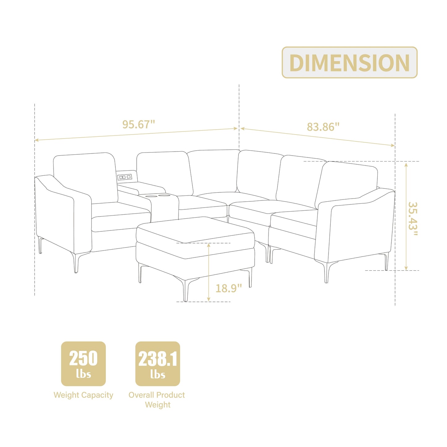 Canapé modulable en velours côtelé en forme de L avec ports USB, pouf de rangement et porte-gobelets pour salon d'appartement