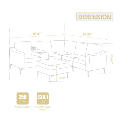 Canapé modulable en velours côtelé en forme de L avec ports USB, pouf de rangement et porte-gobelets pour salon d'appartement