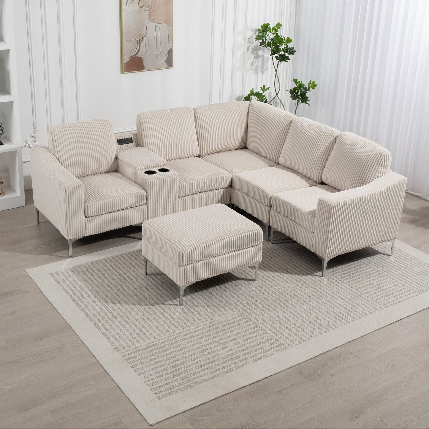 Canapé modulable en velours côtelé en forme de L avec ports USB, pouf de rangement et porte-gobelets pour salon d'appartement