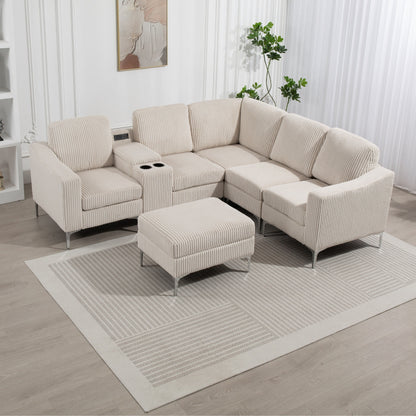 Canapé modulable en velours côtelé en forme de L avec ports USB, pouf de rangement et porte-gobelets pour salon d'appartement