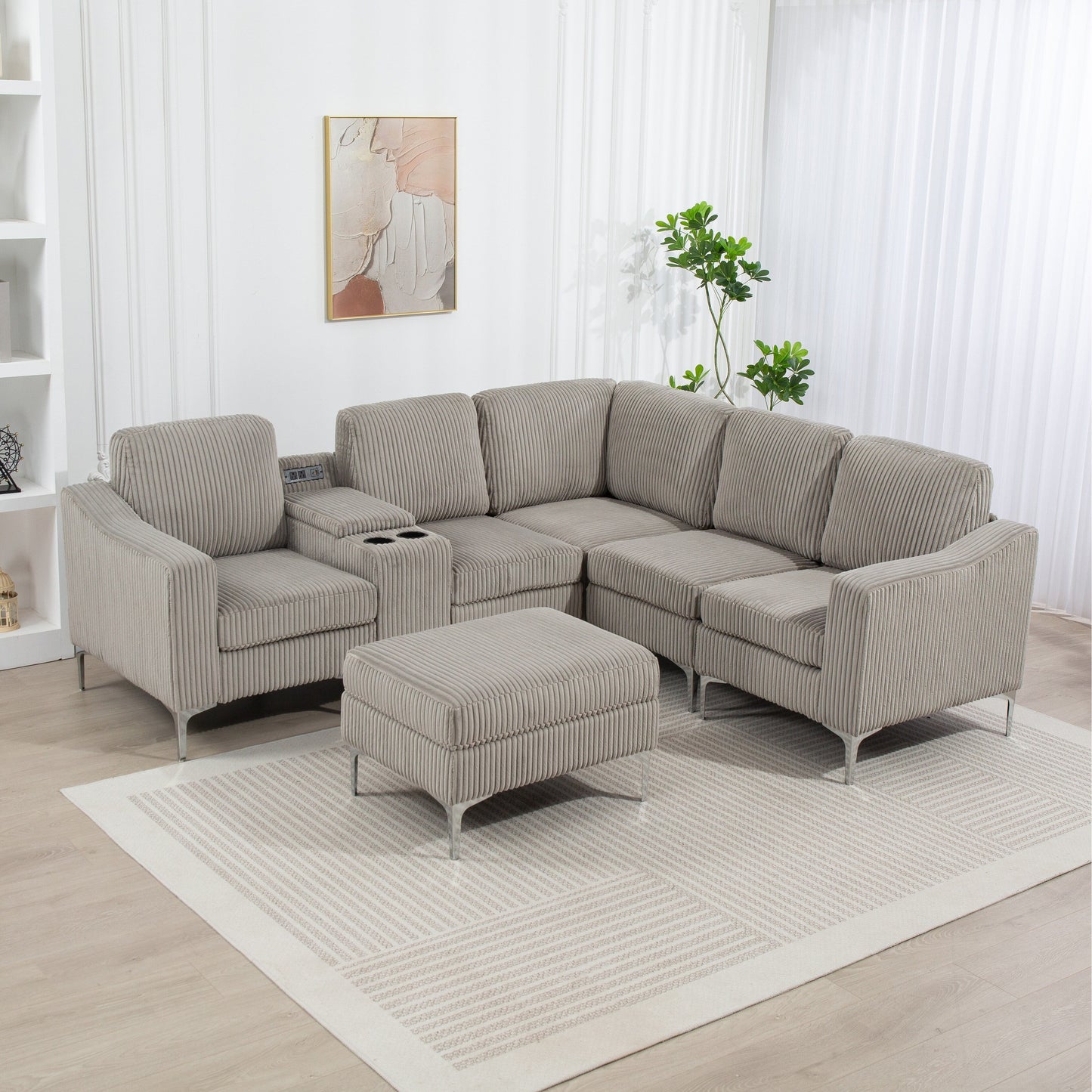 Canapé modulable en velours côtelé en forme de L avec ports USB, pouf de rangement et porte-gobelets pour salon d'appartement