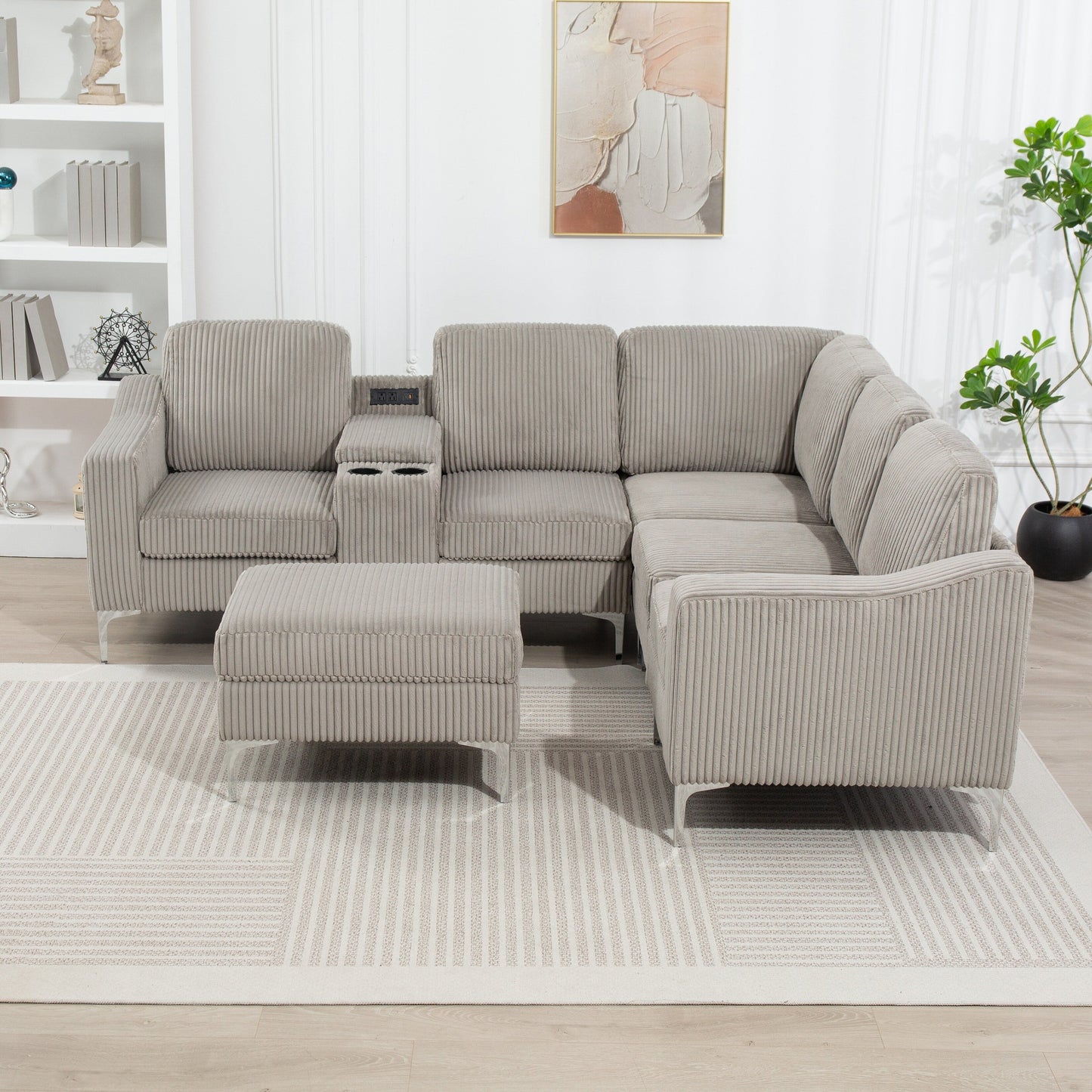 Canapé modulable en velours côtelé en forme de L avec ports USB, pouf de rangement et porte-gobelets pour salon d'appartement